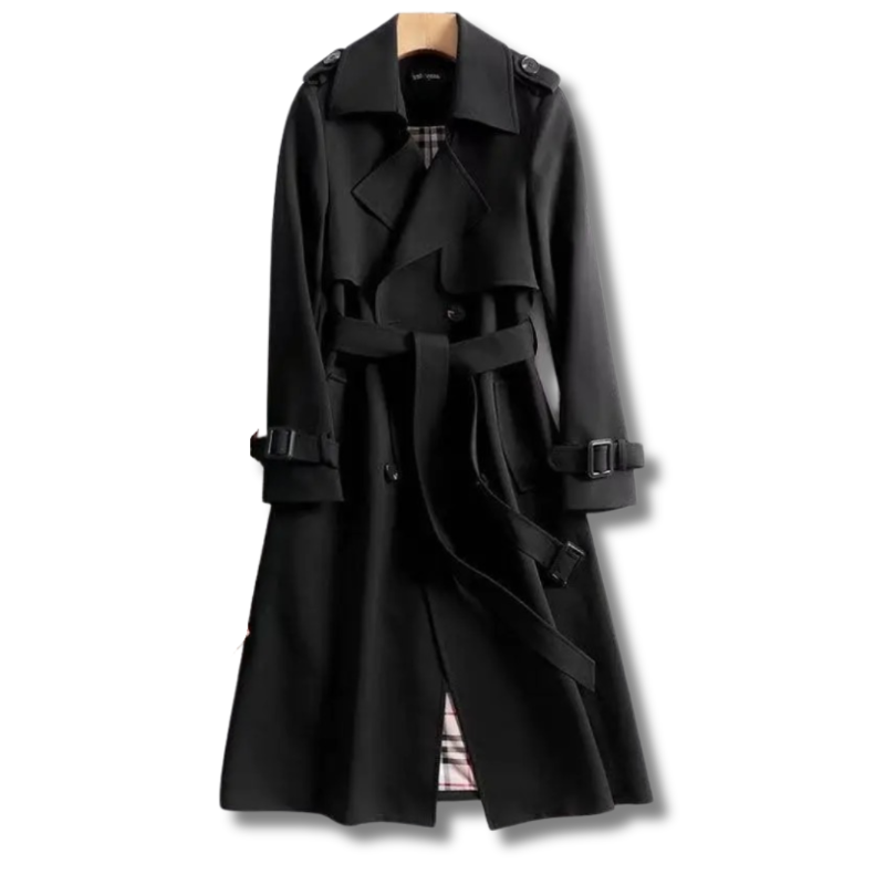 Elegant grey women's trench coat with belt, ideal for autumn and winter.