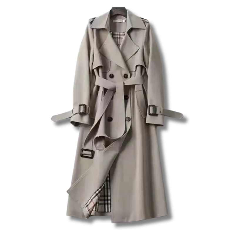 Fashionable green belted trench coat, a classic outerwear piece for women.