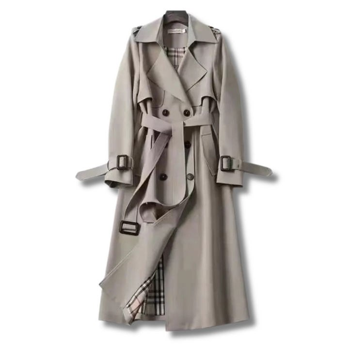 Fashionable green belted trench coat, a classic outerwear piece for women.