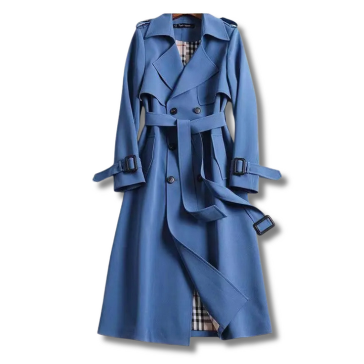 Full-length women's classic khaki trench coat with cinched belt for outerwear.