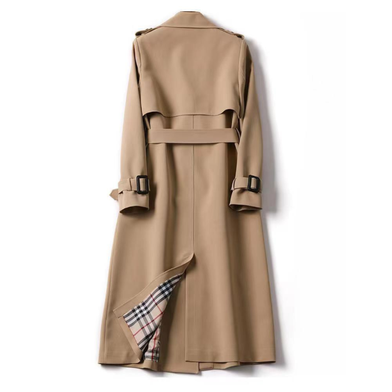 Women's black trench coat showcasing classic styling and a belted waist.