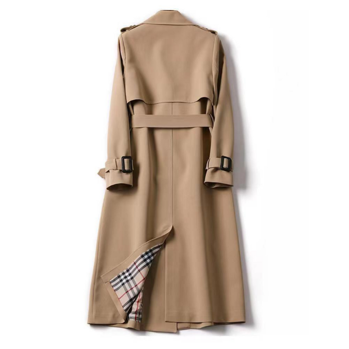 Women's black trench coat showcasing classic styling and a belted waist.