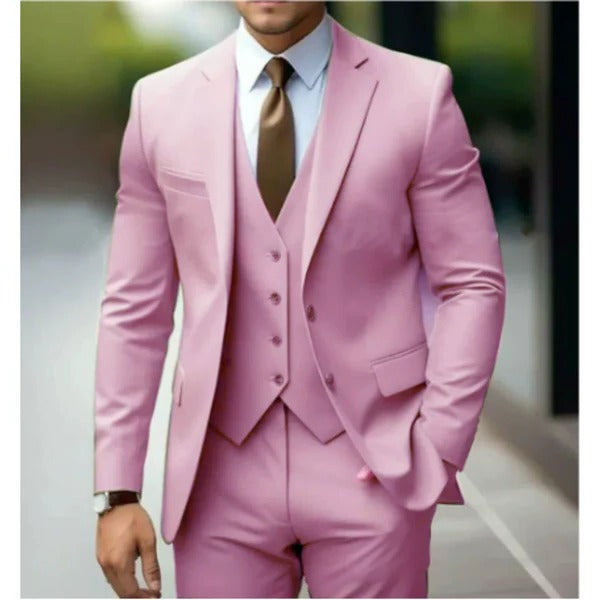 Front view of a classic men's 3-piece suit with waistcoat, for formal events.