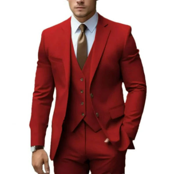 High-quality men's formalwear: 3-piece suit with matching waistcoat, timeless style.