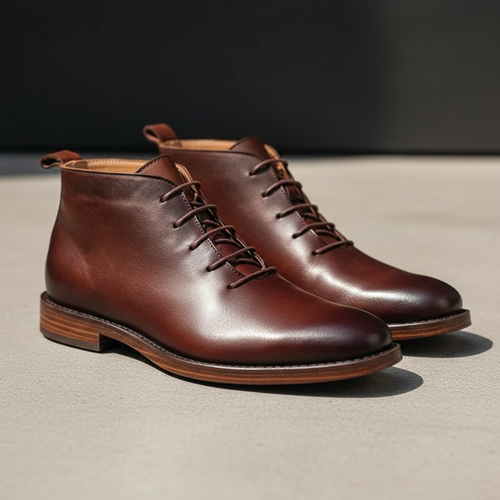 Stylish black classic men's lace-up ankle boots, versatile for casual or dressy outfits.