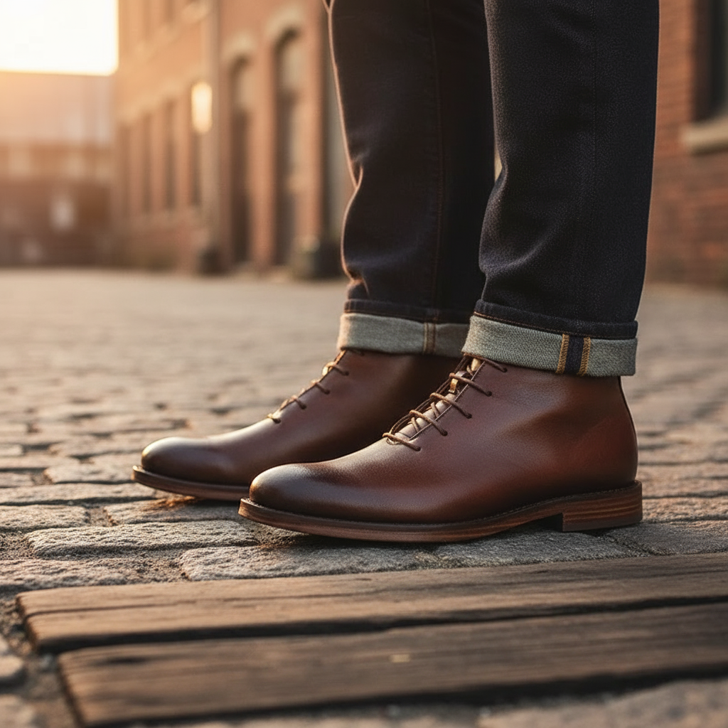 Detail of secure lace-up classic men's brown ankle boots, showcasing craftsmanship & style.