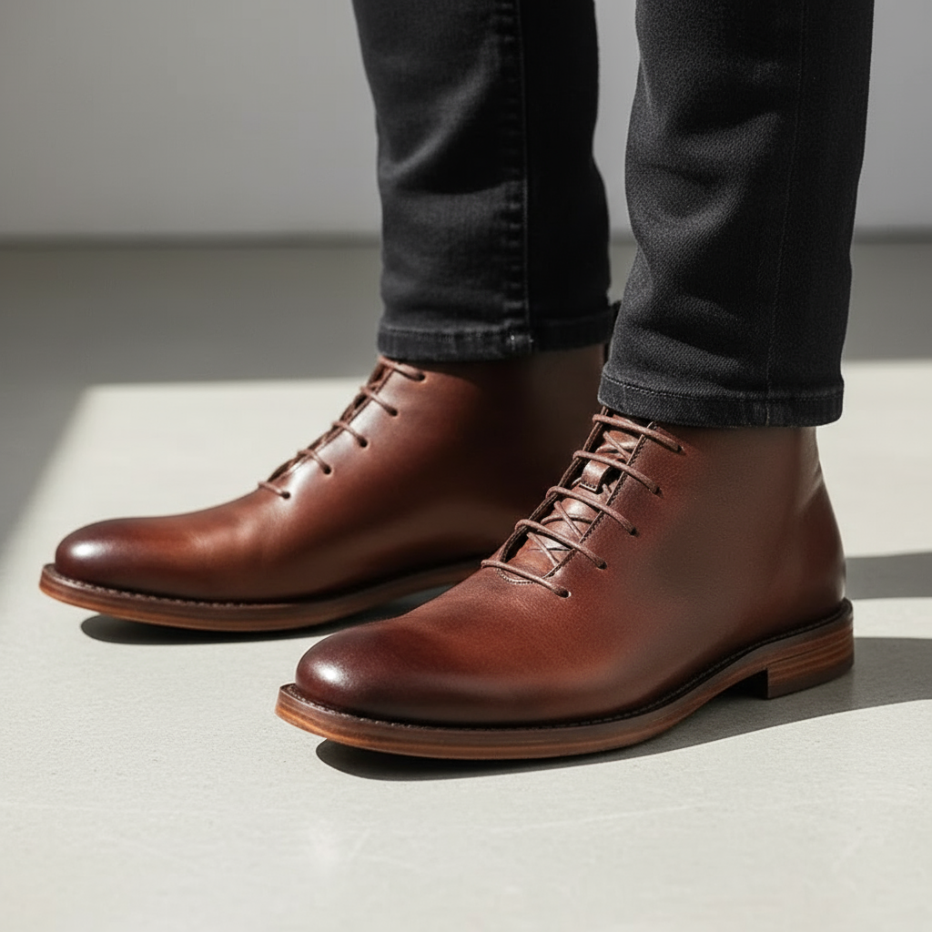 Side profile of classic men's ankle boots, featuring a sturdy design & functional lace-up.