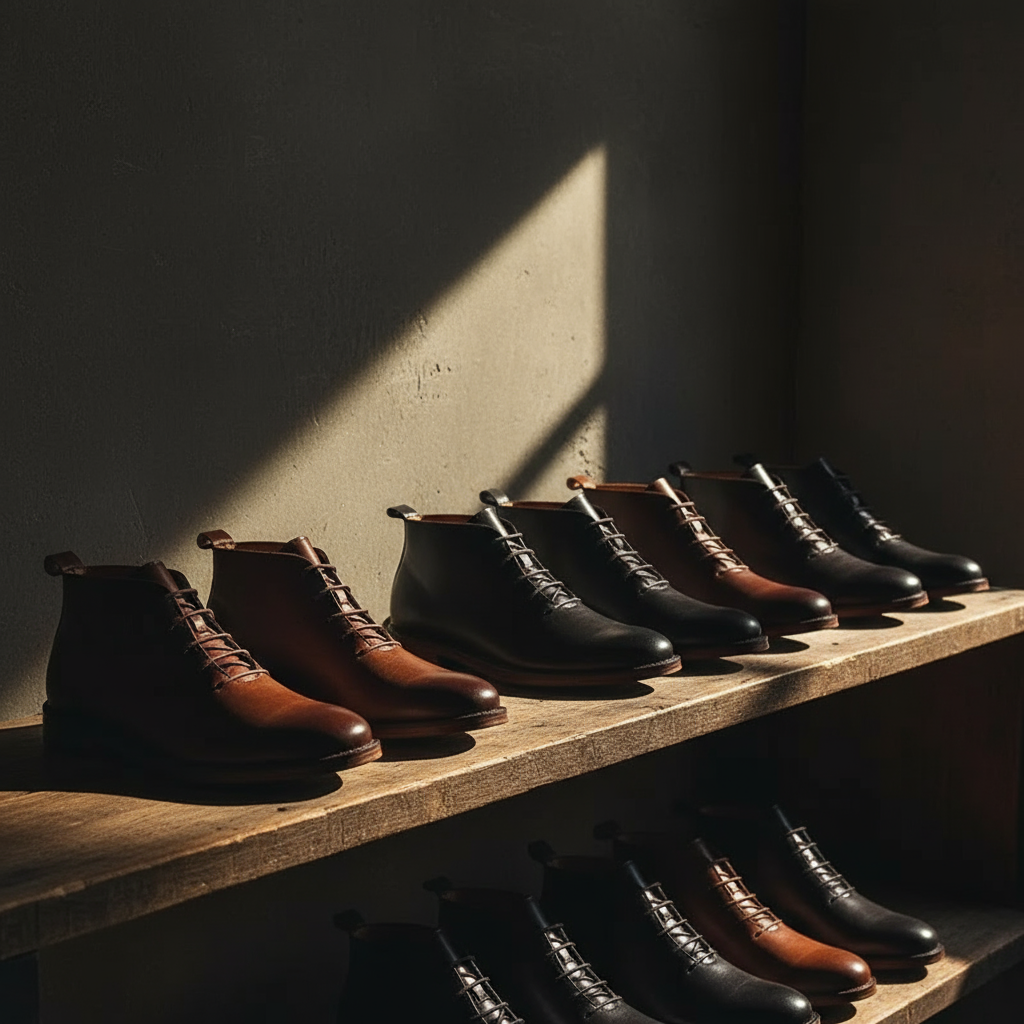 Back view of classic men's ankle boots, showcasing the refined silhouette & robust sole.