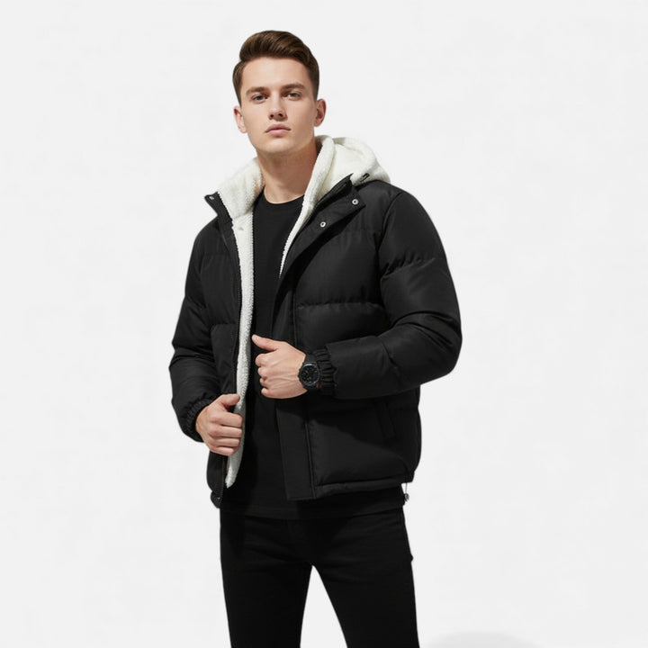 Men's warm winter coat in navy. Classic style, comfortable layering piece for cold days & men's fashion.