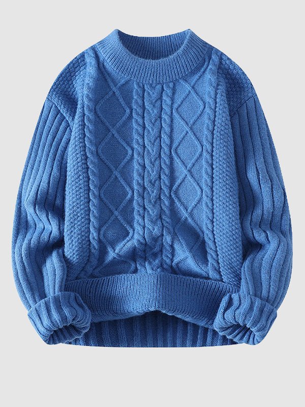 Classic men's cable knit crew neck sweater, perfect for winter and autumn casual style.