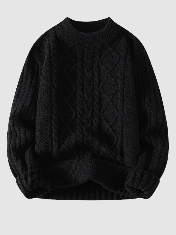 Detail view of men's classic cable knit sweater texture, showcasing the rich pattern and quality knitwear.