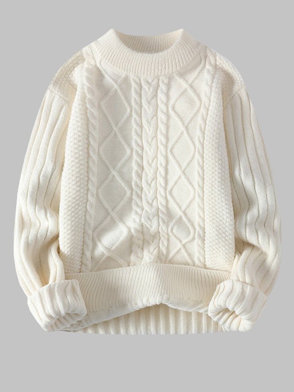 Elegant men's classic cable knit pullover, a comfortable crew neck sweater designed for stylish winter wear.