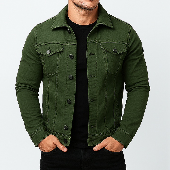 Classic men's denim jacket in a solid wash, perfect for timeless everyday wear and versatile layering.
