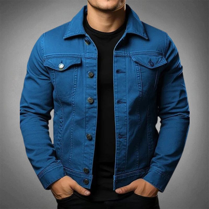 Classic men's denim jacket, new, made of cotton, with button-up front and pockets, perfect for casual spring/summer outerwear.