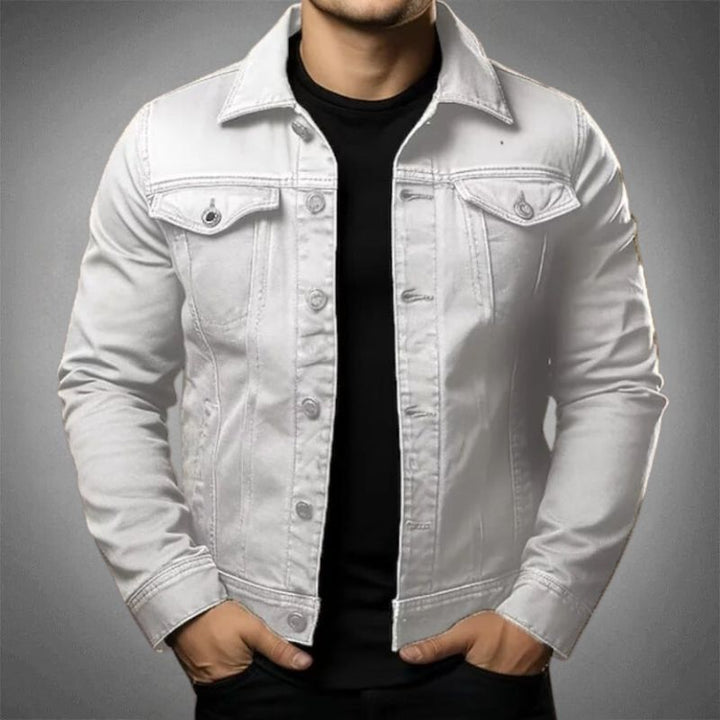 Men's classic denim jacket in black, designed with a button-up closure and multiple functional pockets for versatile styling.