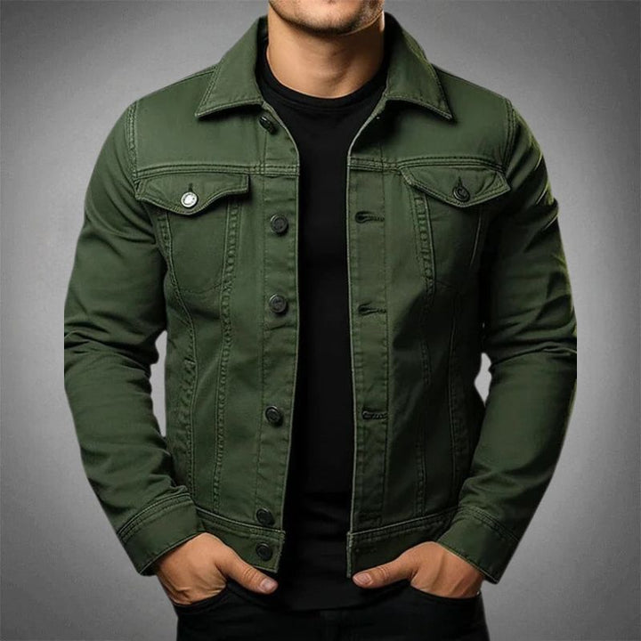Men's classic blue denim jacket, a timeless outerwear piece with a button-up design and convenient chest and side pockets.