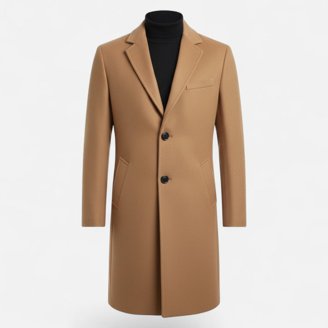 Classic men's khaki mid-length trench coat, Oxford style outerwear for a polished look.