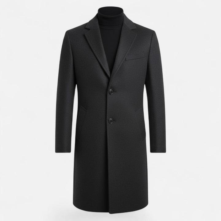 Casual black men's mid-length trench coat, classic Oxford outerwear with modern appeal.