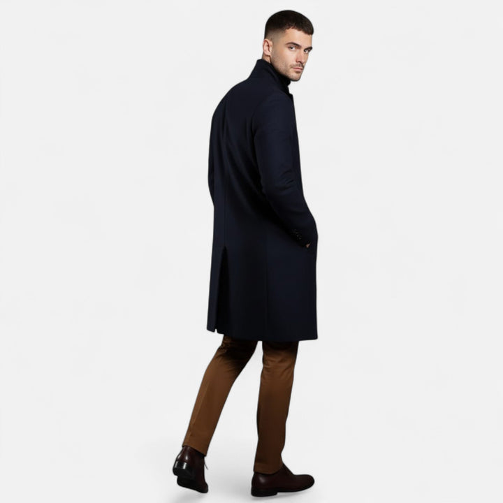 Men's navy mid-length trench coat, versatile classic Oxford style outerwear for all seasons.