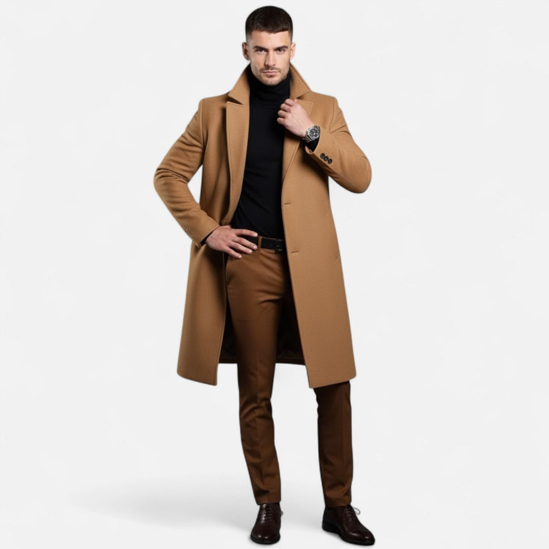 Formal men's black trench coat, mid-length classic Oxford style for versatile wear.