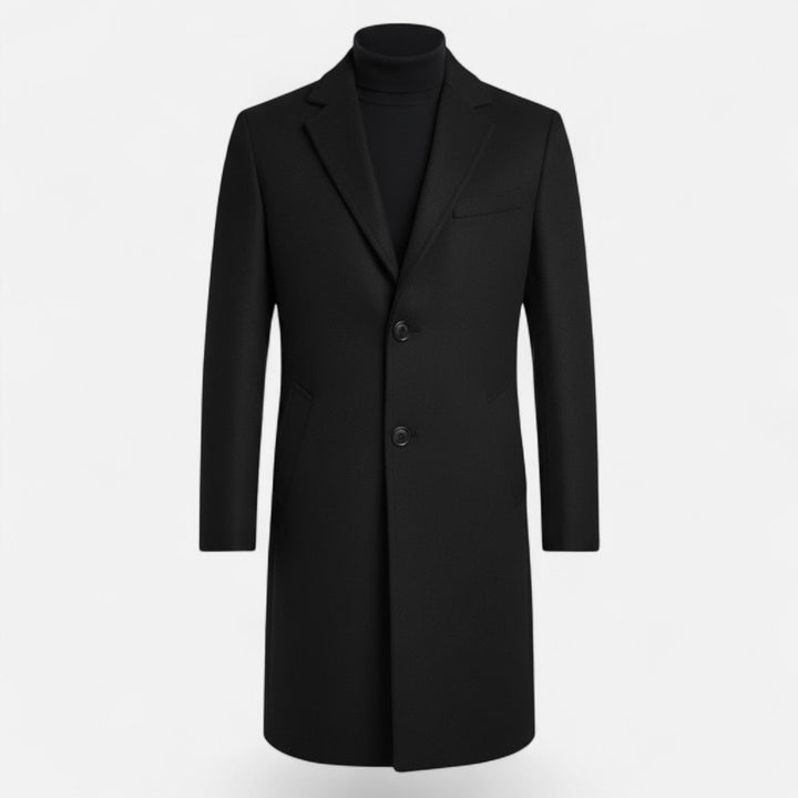 Men's navy mid-length trench coat, classic Oxford tailoring for a refined formal outfit.