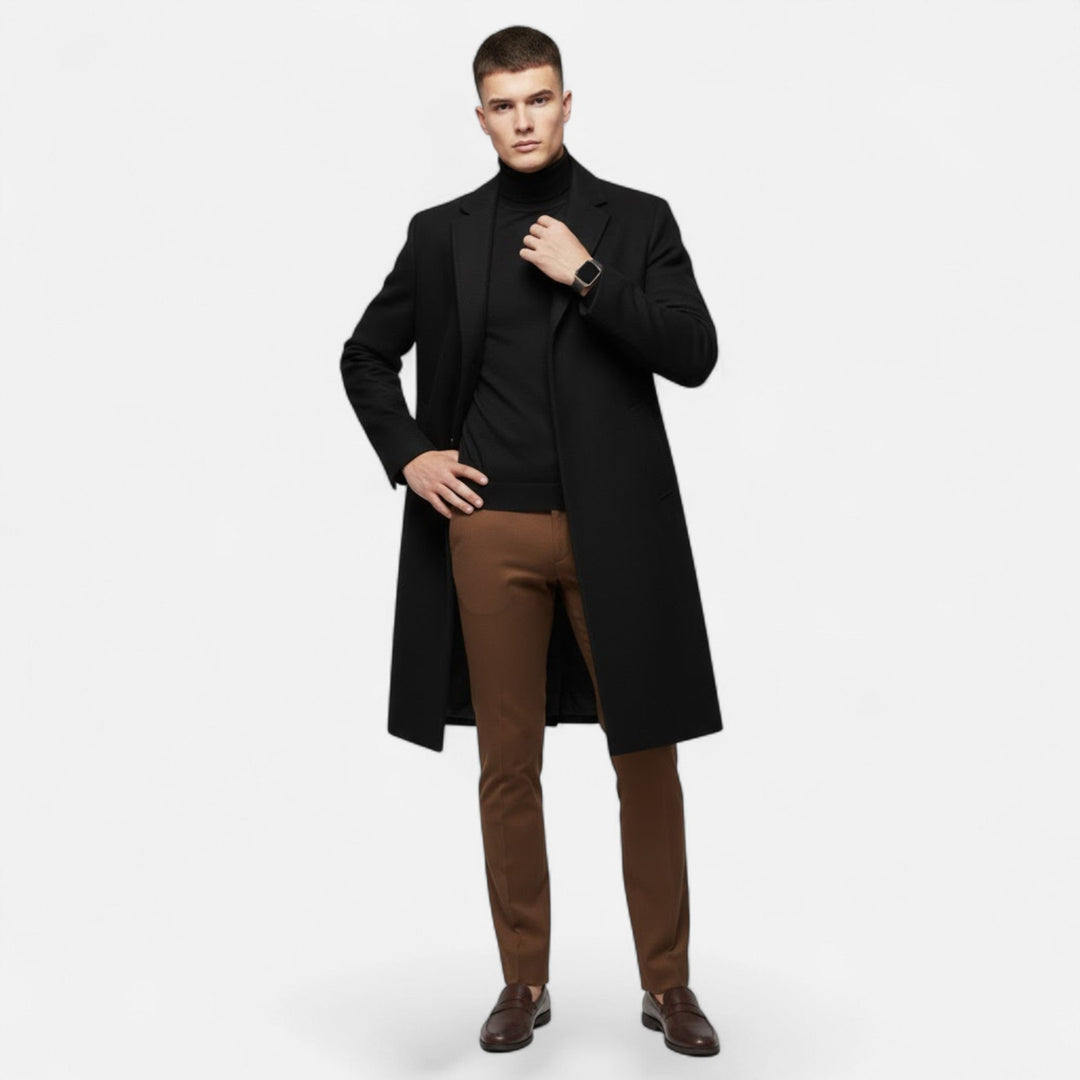 Khaki men's trench coat, mid-length design, versatile classic Oxford style outerwear.
