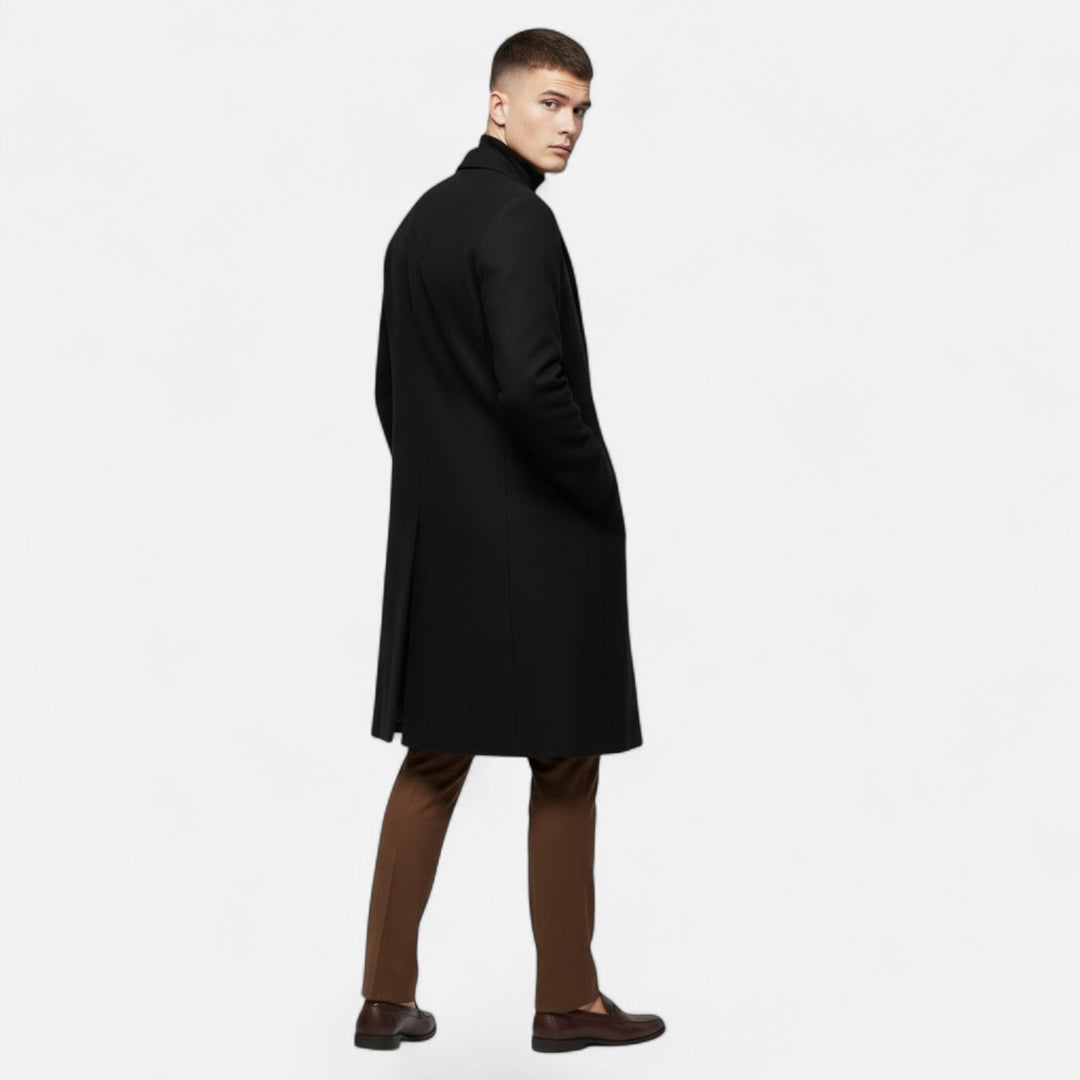 Black men's Oxford style trench coat, ideal for both formal and casual mid-length outerwear.