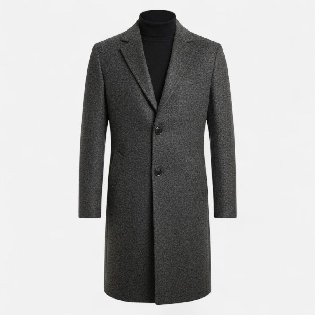 Grey classic men's trench coat, mid-length outerwear with stylish Oxford design elements.