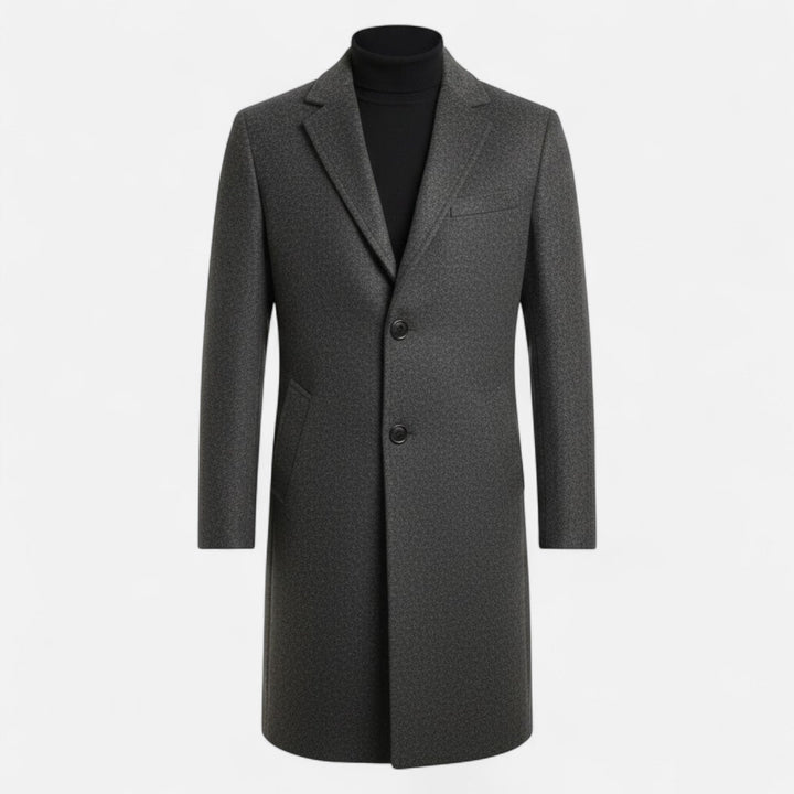 Grey classic men's trench coat, mid-length outerwear with stylish Oxford design elements.