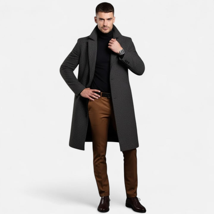 Navy men's trench coat, mid-length classic Oxford style, comfortable & elegant outerwear.
