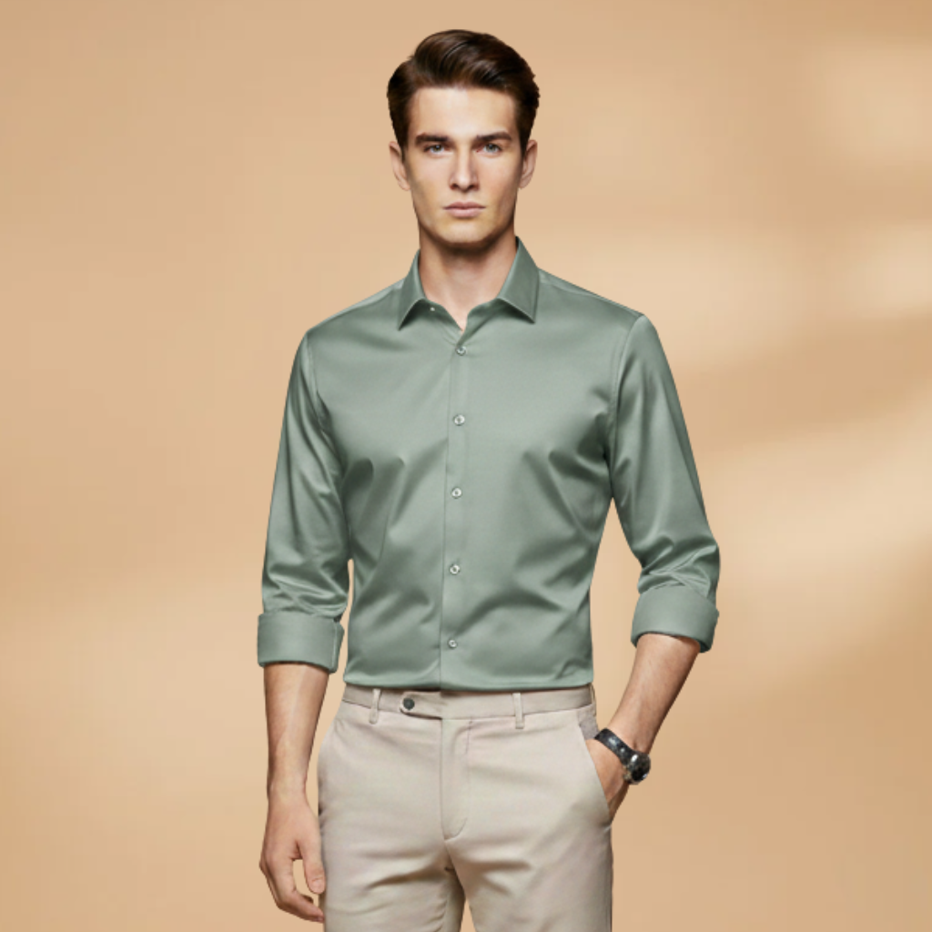 Stylish men's long sleeve button-down, classic collared shirt in navy, suitable for formal or casual.