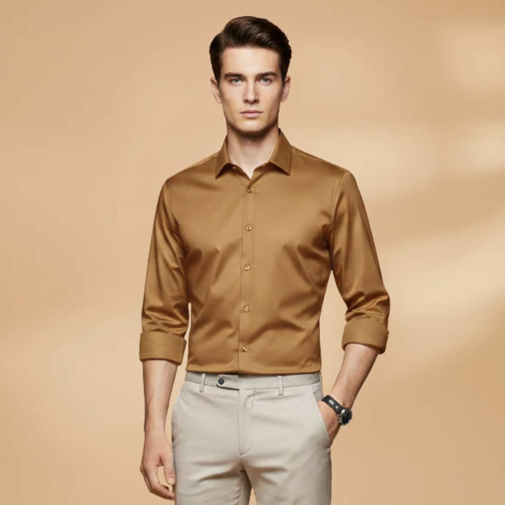 Timeless men's button-down shirt, long sleeve collared style in refined solid color, business casual.