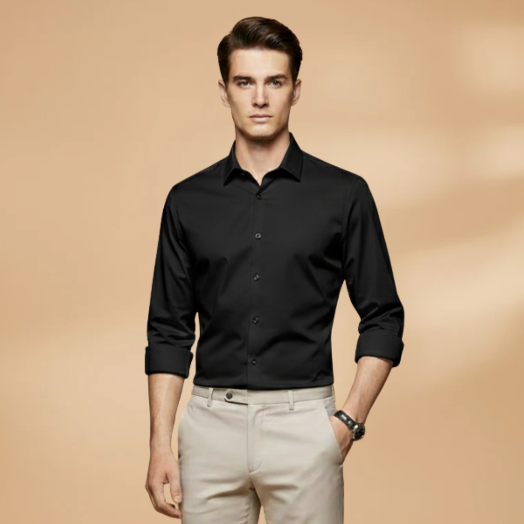 Men's long sleeve button-down shirt, versatile collared shirt in black, essential for modern mens fashion.