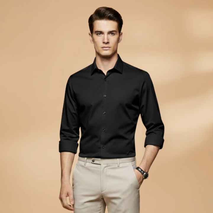 Men's long sleeve button-down shirt, versatile collared shirt in black, essential for modern mens fashion.
