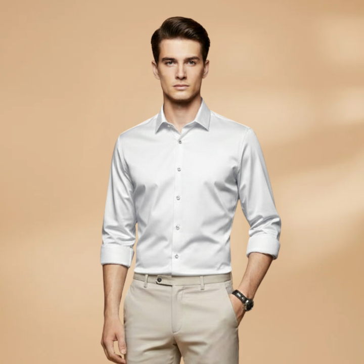 Business casual men's button-down shirt, classic long sleeve style in a subtle pattern, versatile.