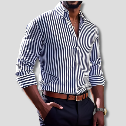 Classic men's striped casual shirt, long sleeve, made of polyester, suitable for versatile fashion.