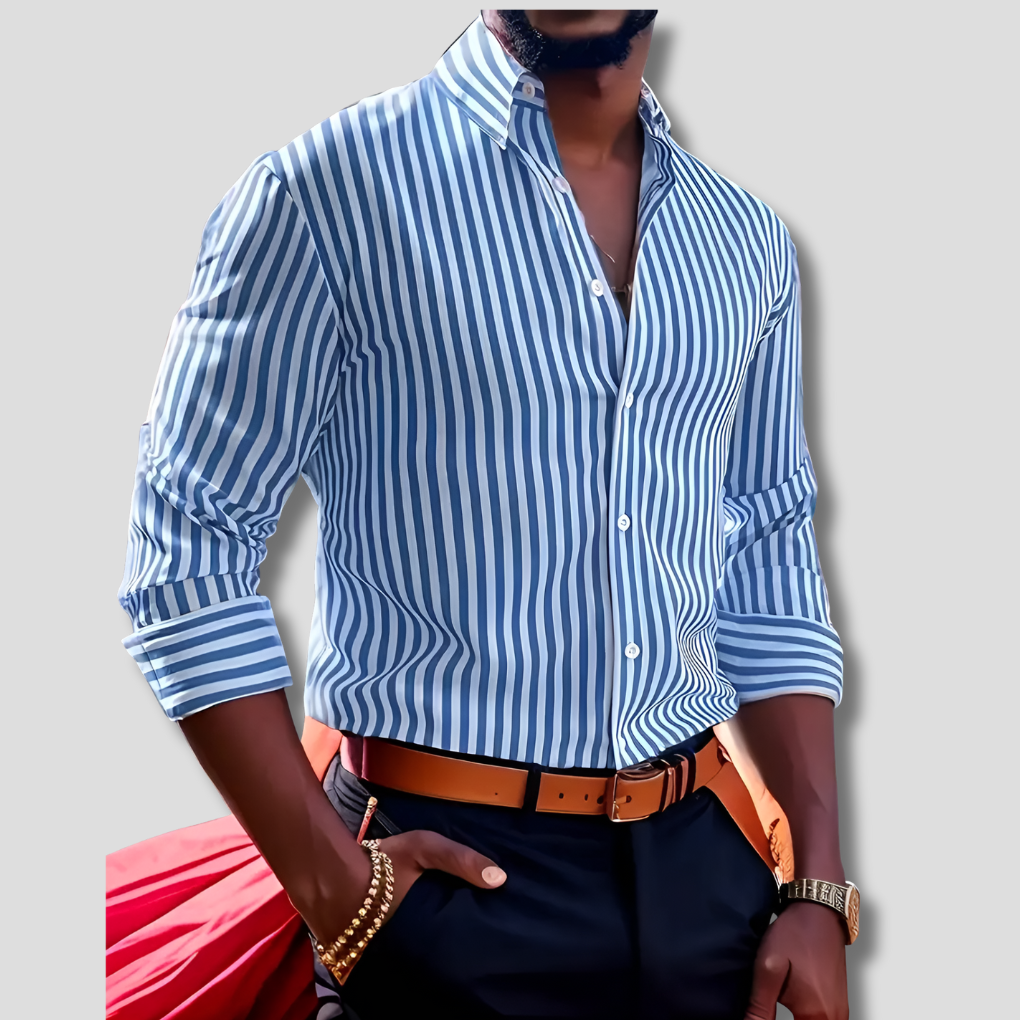 Versatile men's striped polyester shirt with long sleeves, offering a classic and casual look.