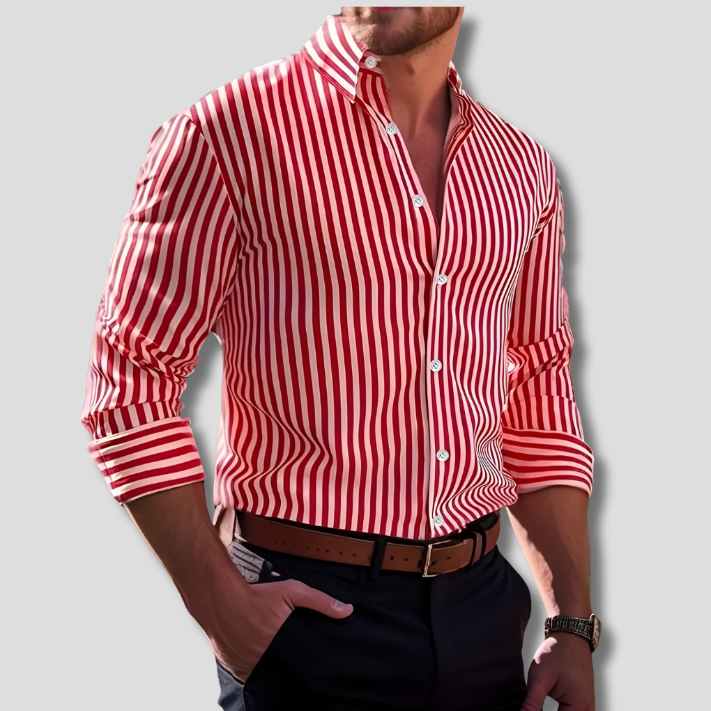 Stylish men's casual striped shirt, long sleeve design in polyester, a new fashion essential.