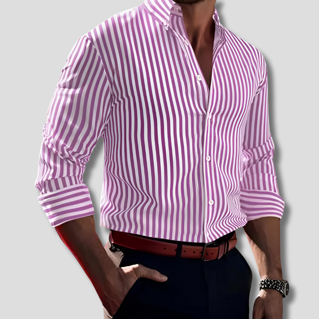 Classic men's striped casual shirt, long sleeve, polyester fabric, ideal for varied casual outfits.