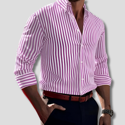 Classic men's striped casual shirt, long sleeve, polyester fabric, ideal for varied casual outfits.