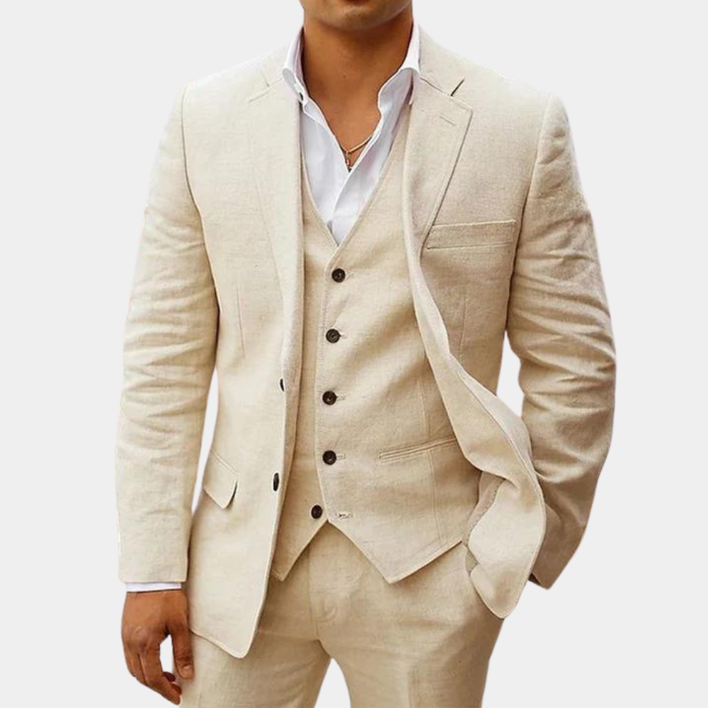 Classic men's three-piece suit with matching waistcoat, tailored for formal events & weddings.