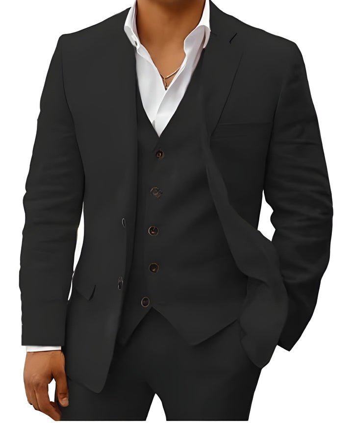 Contemporary men's fashion: a classic three-piece suit with waistcoat, ideal for a sharp formal look.