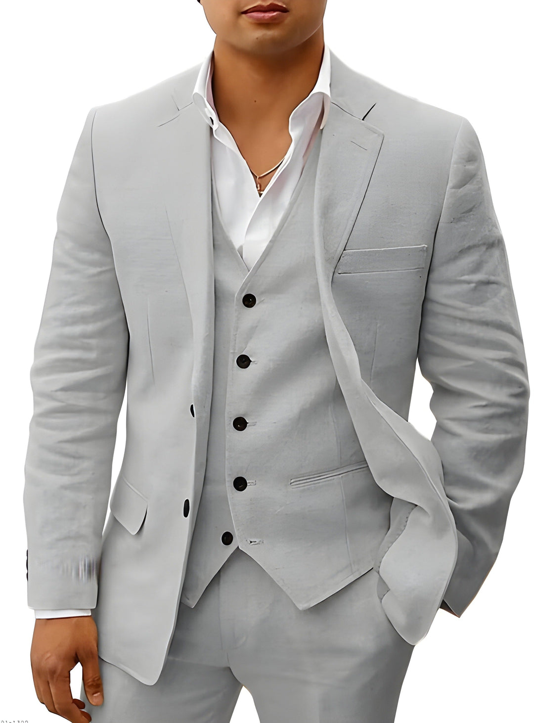 Complete men's classic three-piece suit outfit, styled with accessories for a formal event.