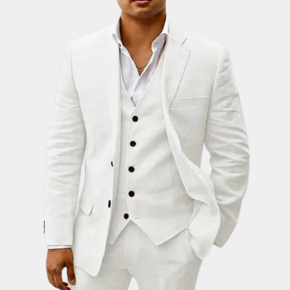 Close-up of a classic men's three-piece suit fabric, highlighting tailored quality for formal wear.