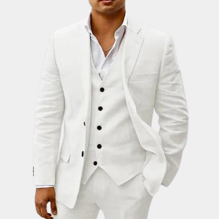Close-up of a classic men's three-piece suit fabric, highlighting tailored quality for formal wear.