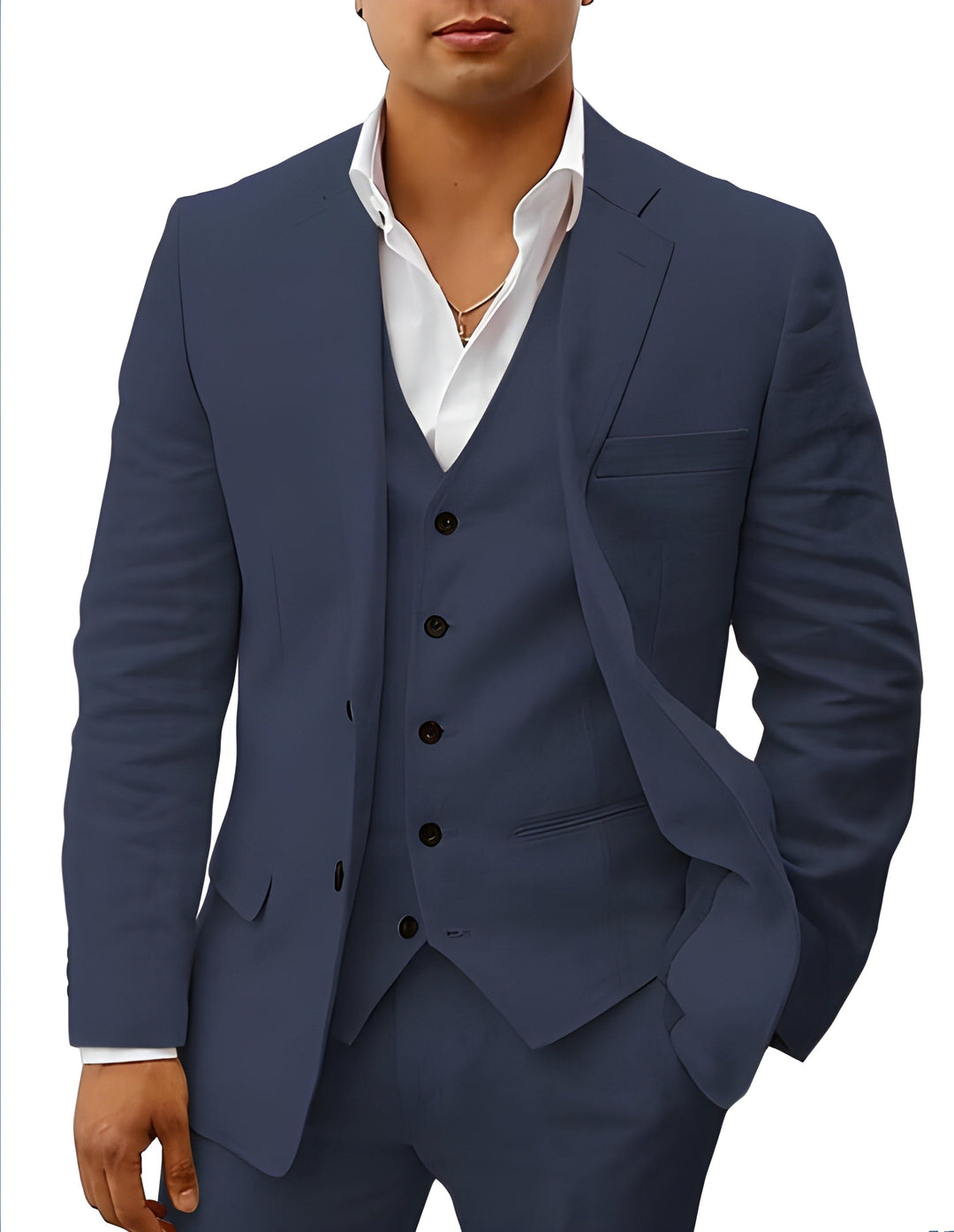 Man wearing a well-fitted classic three-piece suit, showcasing elegant formal wear for events.