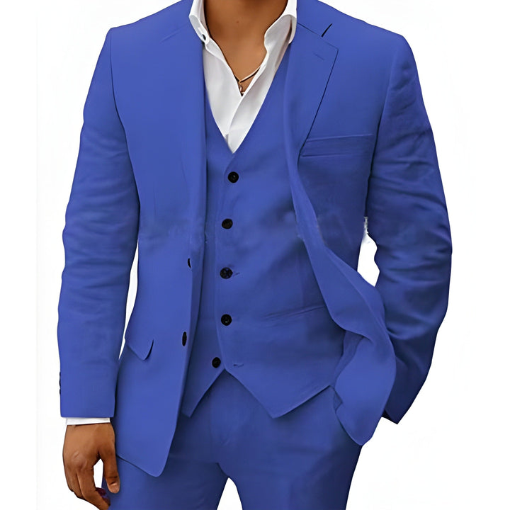 Men's classic three-piece wedding suit, perfect for groomsmen or formal guest attire.