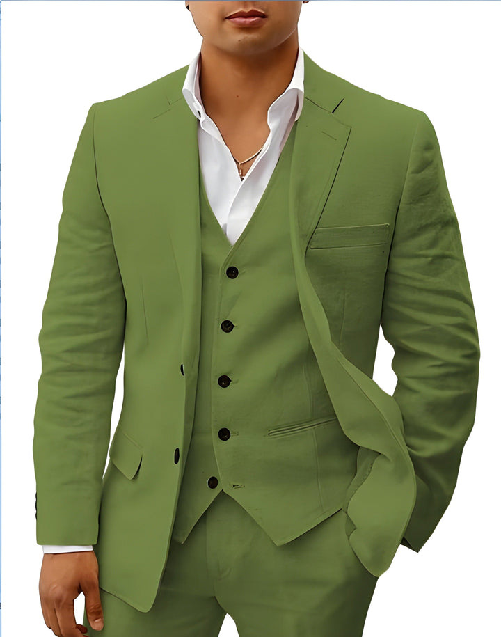 Sophisticated men's classic three-piece suit, ideal formal wear for summer parties and special events.