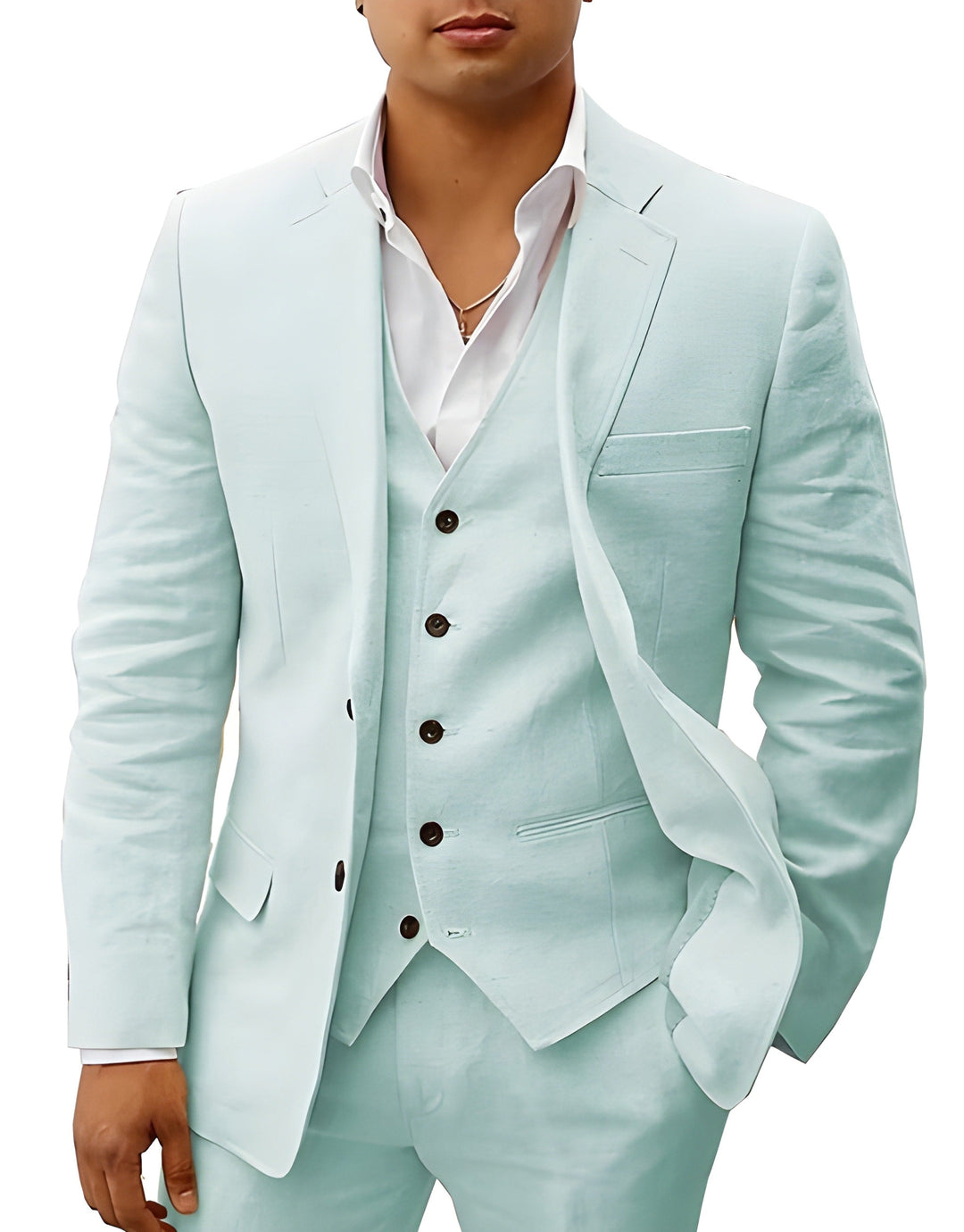 Detail of classic men's suit lapel & buttons, showcasing tailored formal wear design.