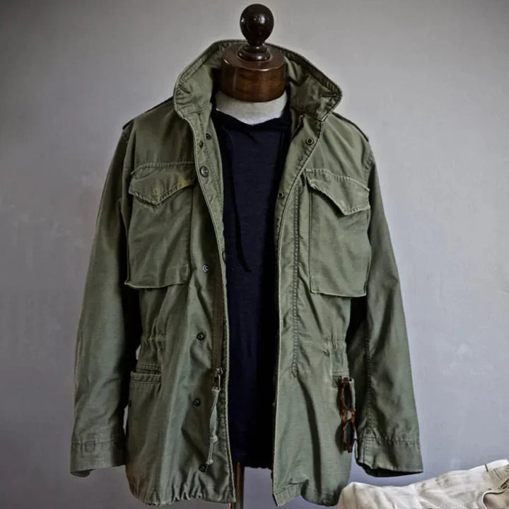 Green men's classic field jacket, adjustable fit. Ideal vintage casual outerwear for fall & spring layering.